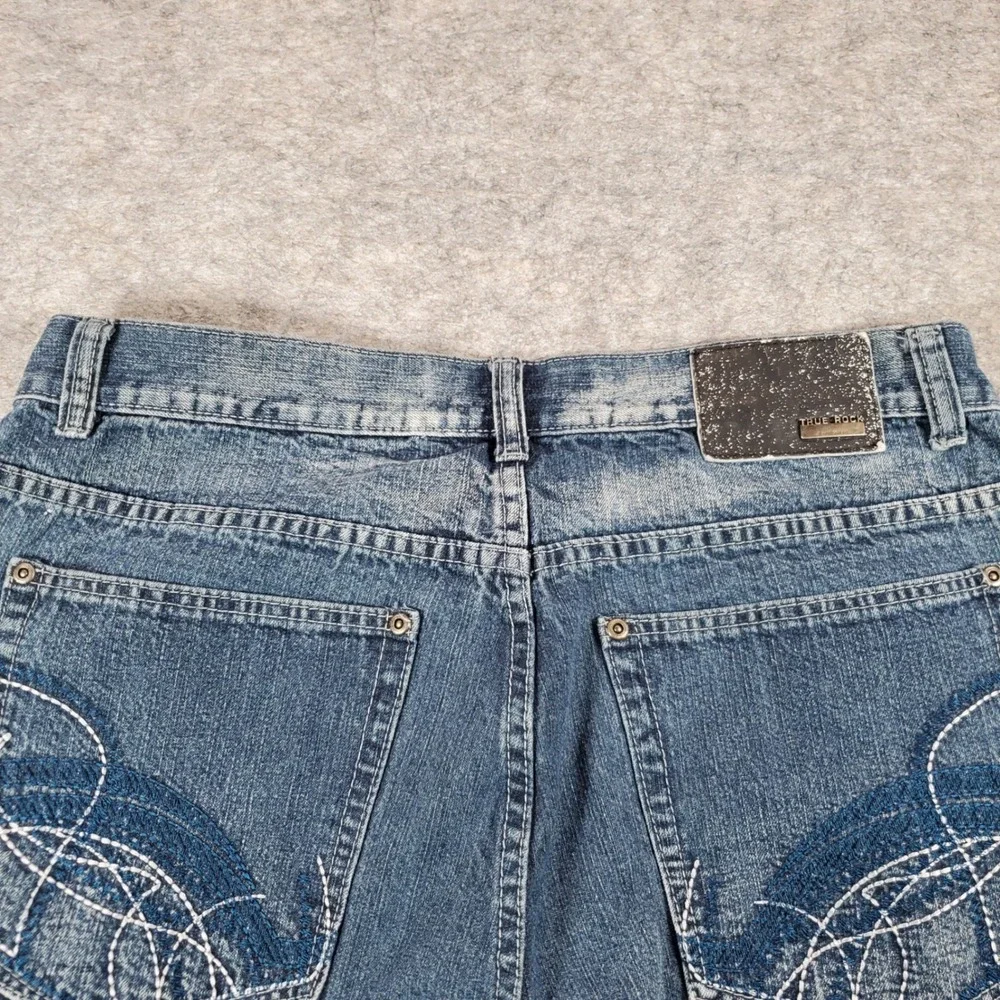 True Rock Denim Shorts Men 34 Blue Relaxed Fit Sandblasted Fade Y2K Skater Baggy